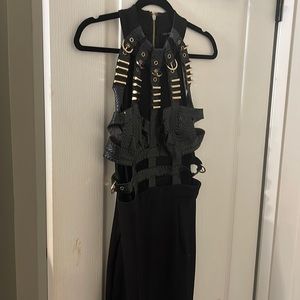 Faux leather and gold hardware cage dress